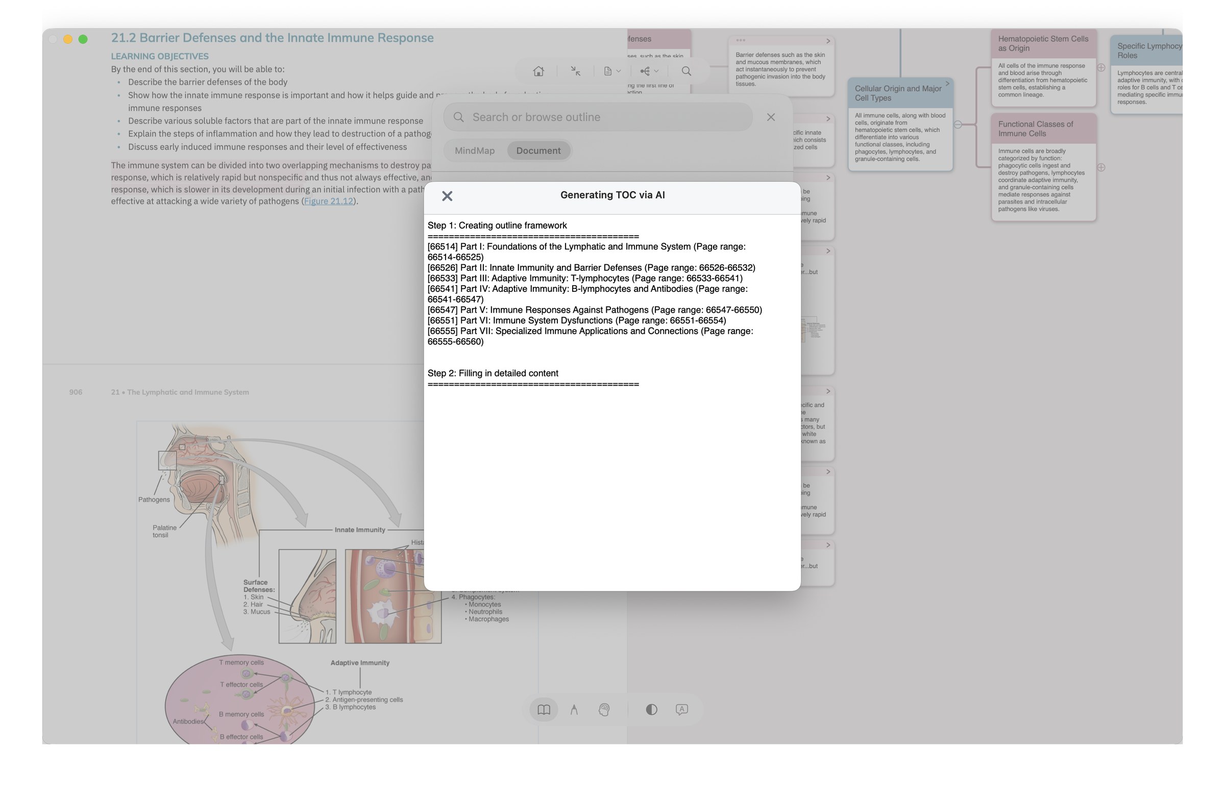 MN 4.2 实拍：AI 自动从 PDF 生成结构化目录——左侧每行一个 Part 配页码范围，弹窗显示分两步：先「Creating outline framework」搭骨架，再「Filling in detailed content」填内容
