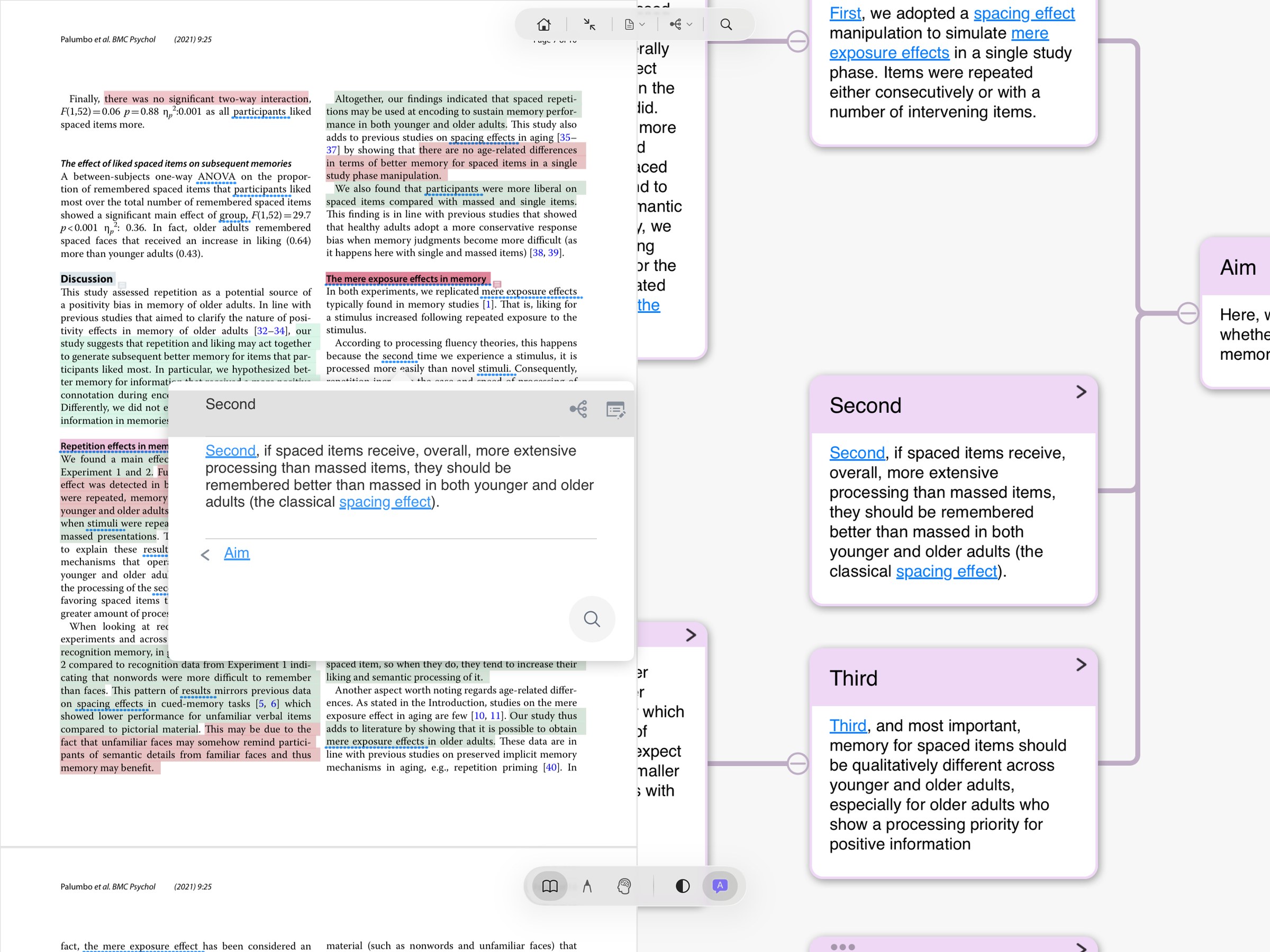 MarginNote 标题链接实拍：左侧是一篇关于 spacing effect 的研究论文，文中多个关键词（spacing effect、exposure effects）自动变成蓝色链接；中间一张悬浮预览显示「Second」卡片的内容；右侧脑图展示 Aim / Second / Third 三张过去的笔记——它们的标题正在新文档里自动匹配并发光